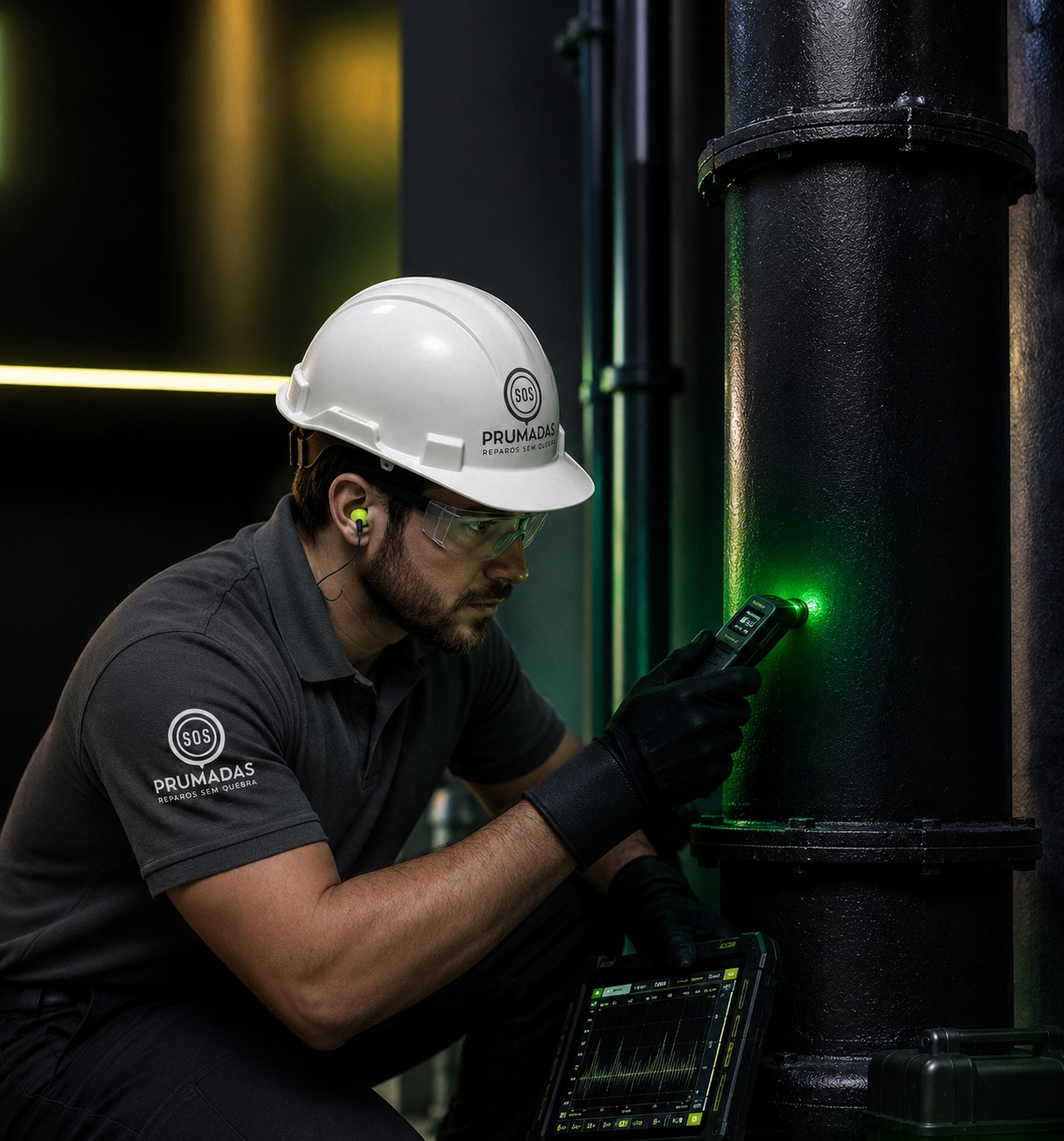 Técnico SOS Prumadas utilizando tecnologia avançada de detecção de vazamento em tubulação de ferro fundido