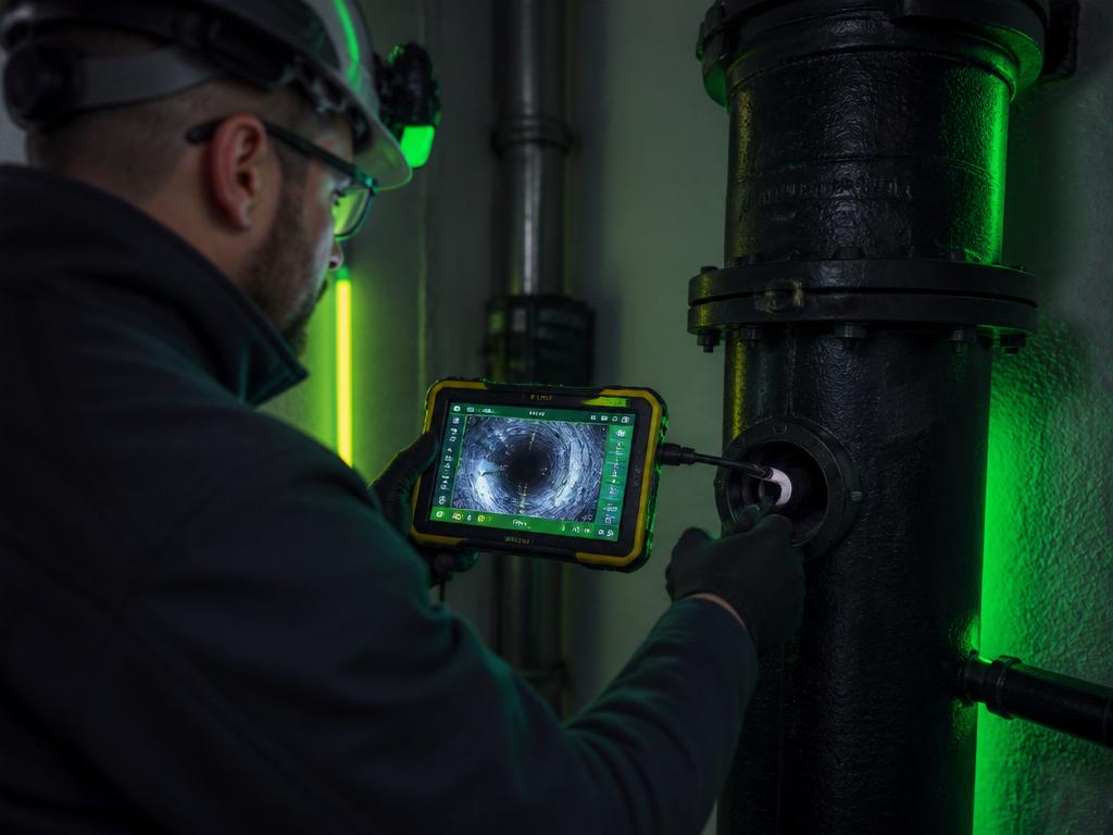 Técnico utilizando equipamento de inspeção em tubulação de ferro fundido